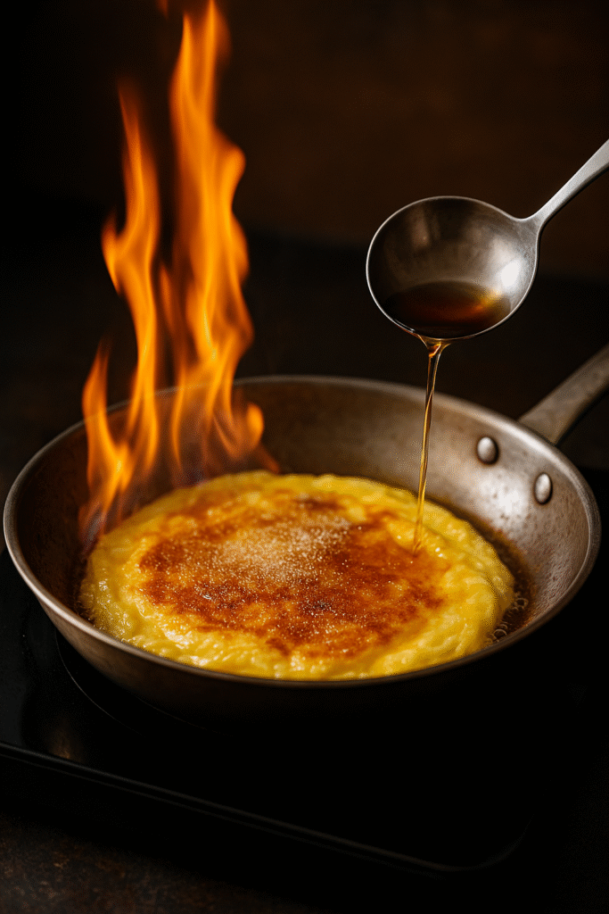 Receta de tortilla al ron flambeada: espectáculo, tradición y seguridad en la cocina